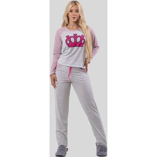 Pijama Feminino com Estampa de Coroa e Mangas Listradas Rosa
