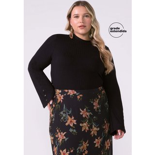 Blusa Feminina Canelada Manga Flare Marialícia Preto