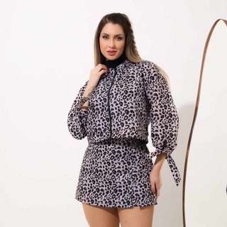 Conjunto Feminino Animal Print Jaqueta Bomber e Short Saia Marrom