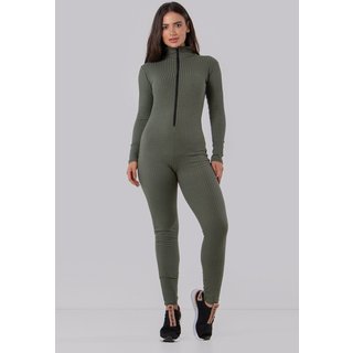 Macacão Zíper Virginia Canelado Manga Longa Casual 4 estações Verde