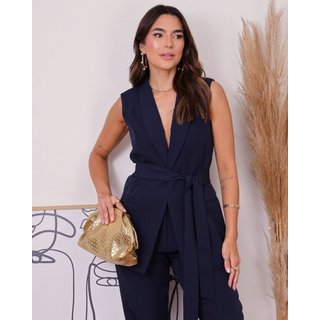 Colete MOS Feminino Alongado Clássico de Alfaiataria Social com Faixa Azul Marinho – Mariana Olympio