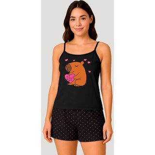 Conjunto de Verão Gabi Lingerie Capivara Baby Doll Elegante Alcinha Estampado Pijama Sensual Preto
