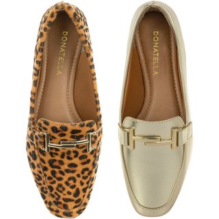 Kit 2 Pares Sapato Feminino Mocassim Donatella Shoes Bico Quadrado Confort Onça e Ouro Light