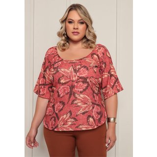 Blusa Feminina Plus Size Manga Ampla decote U Crepe Monaco estampada Docce Mulher