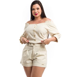 Cropped Blusa Restrito Jeans De Linho Com Mangas Ciganinha - Bege