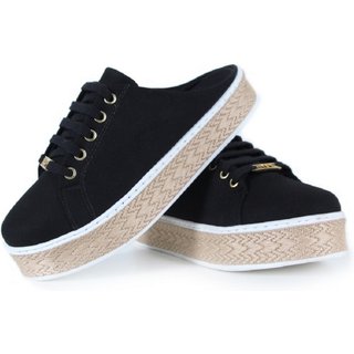 Mule Sapatilha Feminina Babuche Casual Preto Encordoamento Lateral