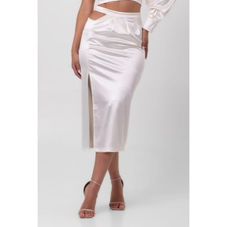 Saia satin midi assimétrica offwhite labrava