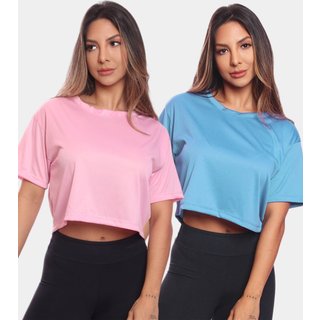 Kit 2 Cropped Manga Curta Feminino Dry Proteção UV Blusa Blusinha Academia Treino Rosa/Azul
