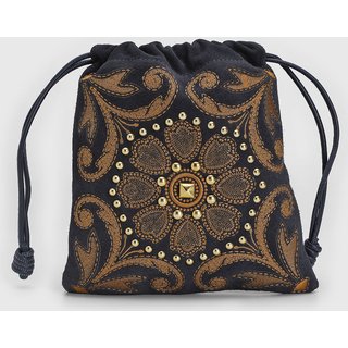 Bolsa Média Luiza Barcelos Bordado Floral Dourado Azul-Marinho