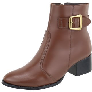 Bota em Couro Feminina Salto Cano Baixo Fivela Bico Fino Conhaque Tellini Store