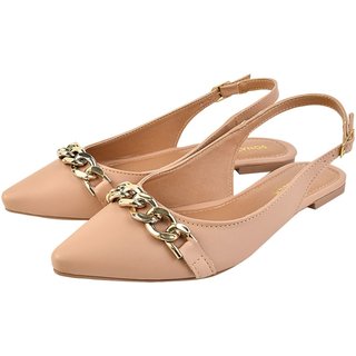 Sapatilha Feminina Bico Fino Mule Slingback CM Calçados Corrente Nude