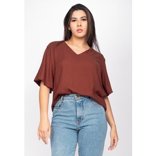 Blusa Amazonia Vital Gola V Manga Ampla Curta Marrom Café