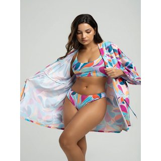 Conjunto Vicbela Biquíni Top Faixa Bojo Removível Calcinha Comum + Saída de Praia Kimono Colorido