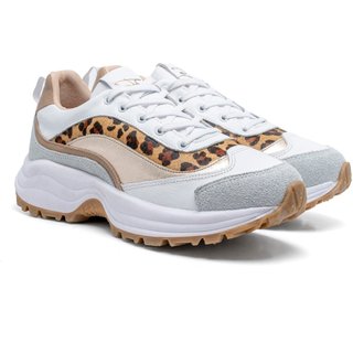 Tênis Casual Couro Sneaker Feminino Solado Chunky Tratorado Amarração Branco+Onça