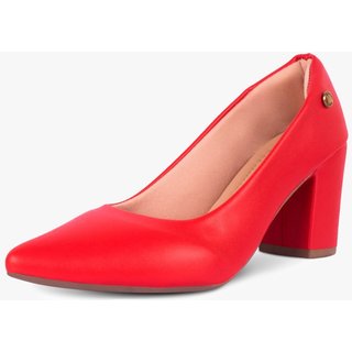 Scarpin Feminino Takata Salto Alto Grosso Bloco Bico Fino Vermelho