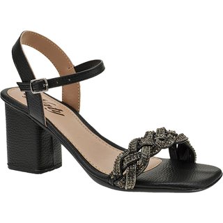 Salto Alto 7,5 cm Social Preto Sandália Casual Naty Shoes Tira Strass Brilhante Salto Quadrado
