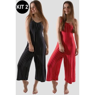 Kit 2 Macacão 4 Estações Pantacourt Listrado Midi Sem Bojo Casual Moda Preto/Vermelho