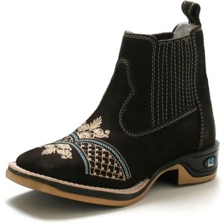 Bota Feminina RR Botas Texana Country em Couro Com Bordado Bico Quadrado