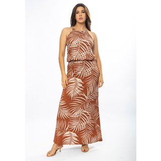 Vestido Longo Cabanafree Malha Trapézio com Elástico na Cintura Palmas da Terra