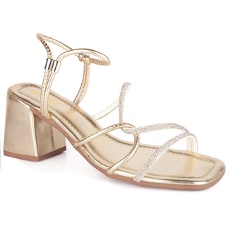 Sandália Feminina Brilho Strass Salto Alto Confortável Calce Fácil Festa Original Luxo Elegante Dourado