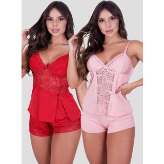 Kit Babydoll Básico + Babydoll Detalhes em Renda Rosa e Vermelho
