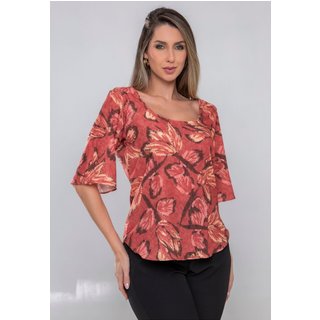Blusa Feminina Manga Ampla decote U Crepe Monaco elegante estampada Docce Mulher