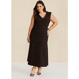 Vestido Maria Valentina Solto Decote V Sem Manga Midi Preto