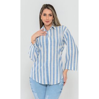 Camisa Feminina Manga Longa Elegancy Listrada Azul - Docce Mulher