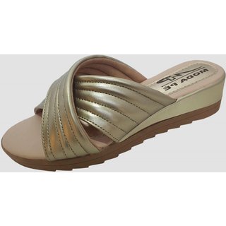 Sandália Feminina Tamanco Tiras Moda Pé Anabela Super Conforto Dourado