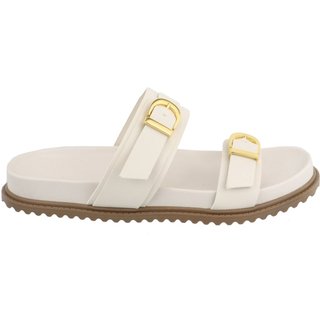 Sandália Papete Feminina Amarena Off White Anatômica Tiras Largas com Fivela Dourada