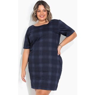 Vestido Com Mangas Plus Size Xadrez Azul Jeans Marguerite