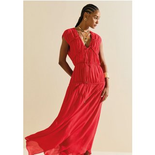 Vestido Morena Rosa Solto Decote V Sem Manga Midi Estampado