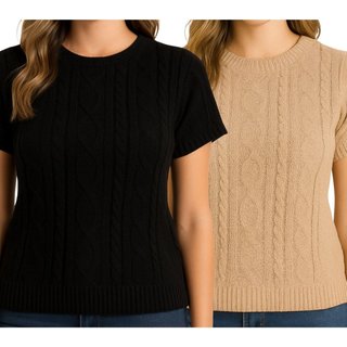 Kit 2 Blusas FMF Feminina Tricô Manga Curta Trama Preto