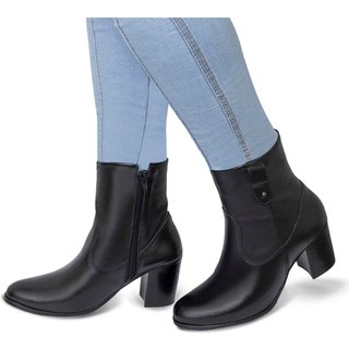 Bota feminina Flor D´Couro cano curto de couro Preto