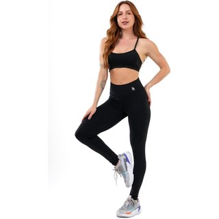 Conjunto Fitness Top Alça Nadador Calça Legging Cintura Alta Blackout Academia - Preto