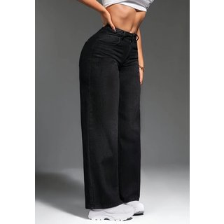 Calça Wide Leg Jeans Feminina Kovali Algodão Confortável Preta