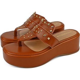 Sandalia Feminina Plataforma Anabela Donatella Shoes Chinelo de Dedo Bico Redondo Rebite Dourado Sola Alta Caramelo