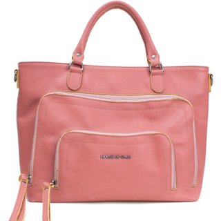 BOLSA FEMININA EM COURO ALÇA DE MÁO ROSÉ COM AMARELO "MIRIAN VALIM"""