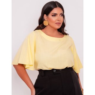Blusa Plus Size Lisa Amarela com Manga Ampla Amarelo