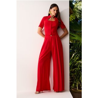 Calça Wide Lisa Com Pregas Vermelho Oriente Charry