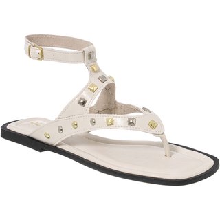 Sandália Rasteira Feminina com Tachas Dourada e Prata Fivela Ajustável Moderno Tendência Verão Olzzy Off-White