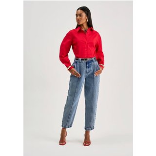 Camisa Iódice Ajustada Decote V Manga Longa Padrão Vermelho