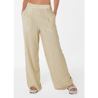 Calça Pantalona de Linho Bege Risca de Giz com Bolsos