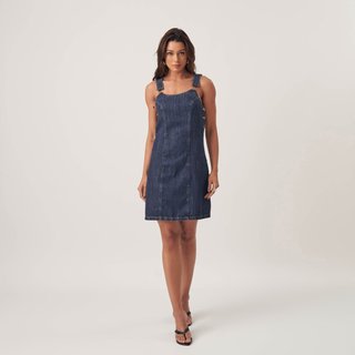 Vestido Jeans Salopete Recortes Alças Largas E Fivelas Azul Escuro