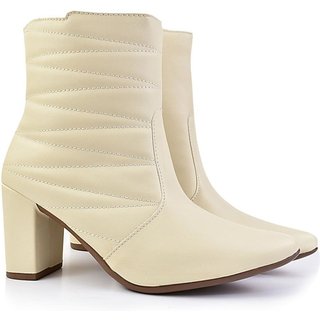 Bota bico fino salto fashion confortável com Bordado OLZZY Off White