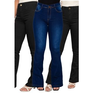 KIT 3 Calça Feminina Flare Mys Jeans Cintura Alta Confortável Preto e Azul Manchado