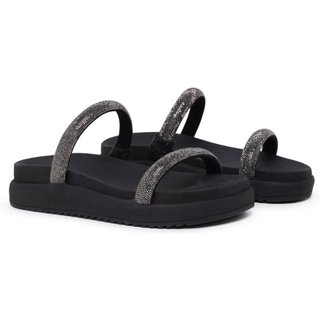 Sandália Feminina Papete Flatform Strass Confortável Tiras Branco 33 Preto