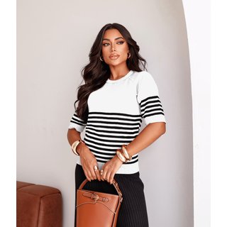 Blusa Cherry Line Tricô Manga Curta Listrada Gola Redonda Off White E Preto