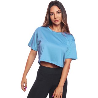 Cropped Manga Curta Feminino Dry Proteção UV Blusa Blusinha Academia Treino Azul