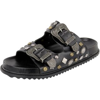 Papete Sandalia Fivela Metal Enfeite Lateral Rasteira Lançamento Verão Tendência Agnes Veronez Preto